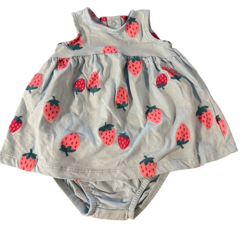 Adorable Fun Blue & Pink Strawberry Print Summer Onesies Dress Infant Size 3M